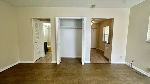 an empty room with a door