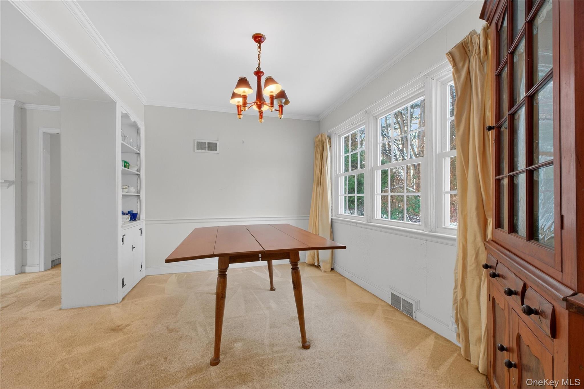 15 Valley View Road Hyde Park, NY 12538 - Photo 10 of 35 Unfurnished dining area featuring built in features, crown molding, a chandelier, and light carpet