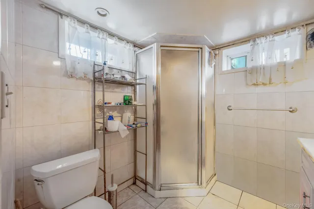 a bathroom with a shower and toilet