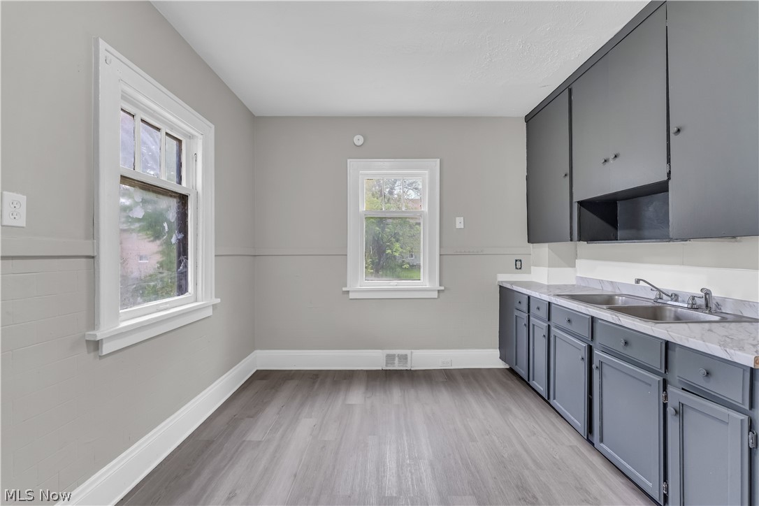 1144 East 145th Street, Unit 1/RIGHT Cleveland, OH 44110 - Photo 9 of 20 Kitchen area featuring grey cabinetry, dual basin sink with chrome faucet, wood-finish flooring, and two windows with white trim