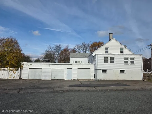 a view of a white house with a big yard and large trees