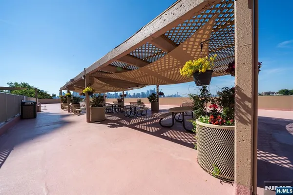 an outdoor space with seating