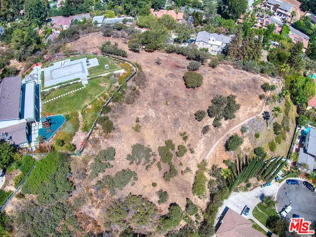 an aerial view of a swimming pool with a yard and plants