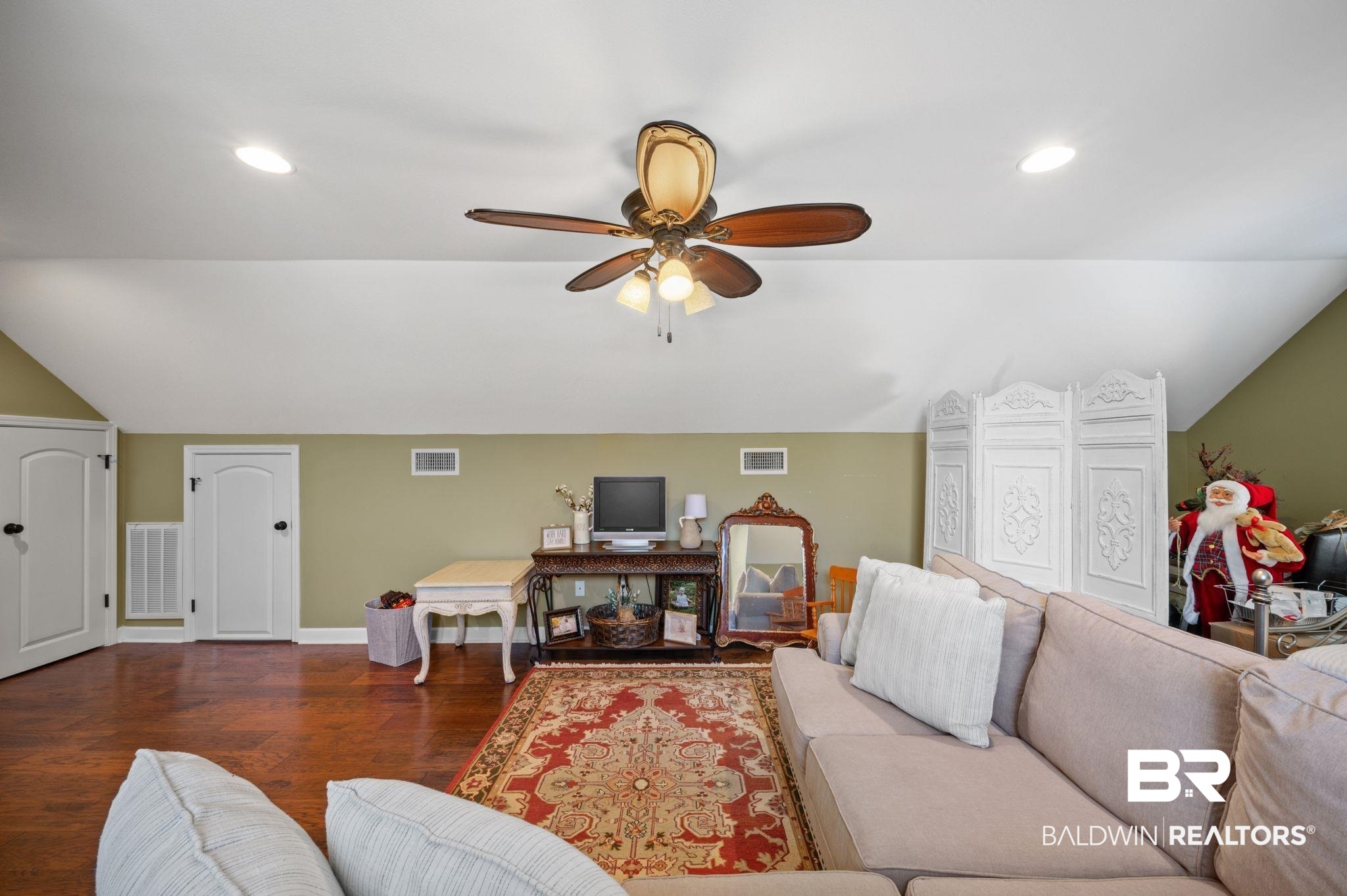 38211-d) V R Byrd Road Bay Minette, AL 36507 - Photo 26 of 58 Living room featuring dark hardwood / wood-style floors, ceiling fan, and vaulted ceiling
