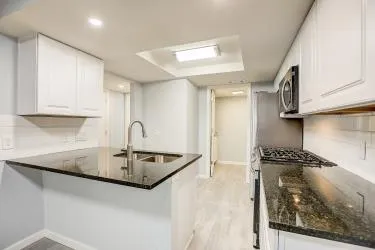 a kitchen with granite countertop a sink stainless steel appliances and cabinets