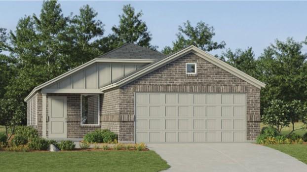 Brick and siding exterior featuring a covered entry, an attached garage with panel detailing, and a front yard with mature landscaping