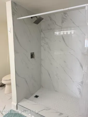 a bathroom with a shower and toilet