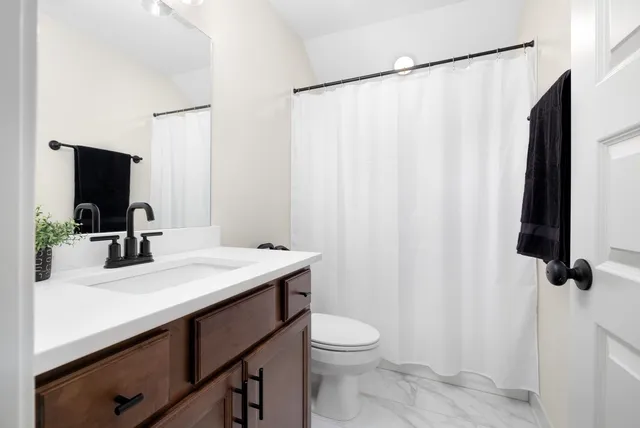 a bathroom with a sink a toilet a mirror and shower curtain