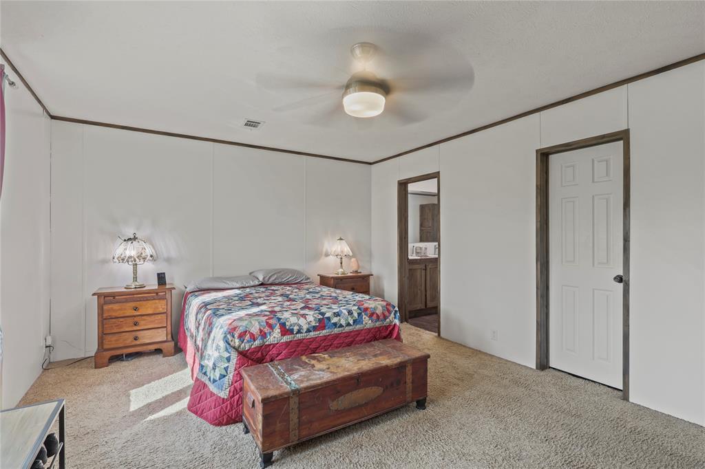 10240 Norrell Road Venus, TX 76084 - Photo 20 of 38 Bedroom with a decorative wall, light carpet, ceiling fan, ensuite bathroom, and crown molding