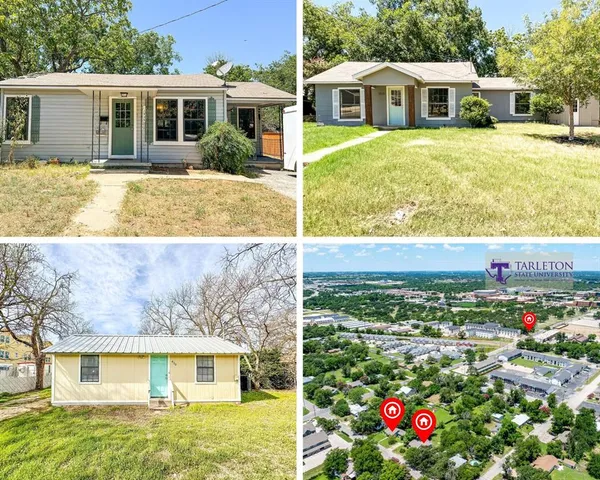 a view of a white house with a big yard and potted plants