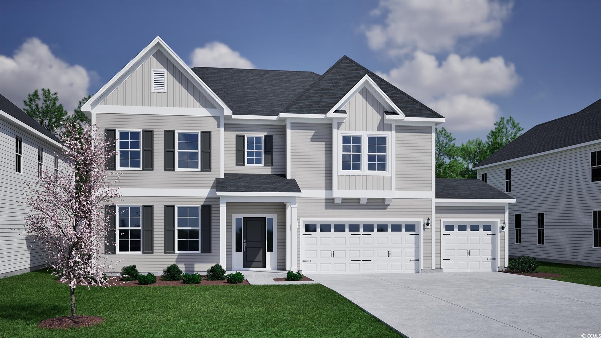 View of front of property with board and batten siding, a shingled roof, driveway, and a front lawn