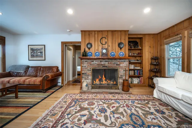 a living room with furniture and a fireplace