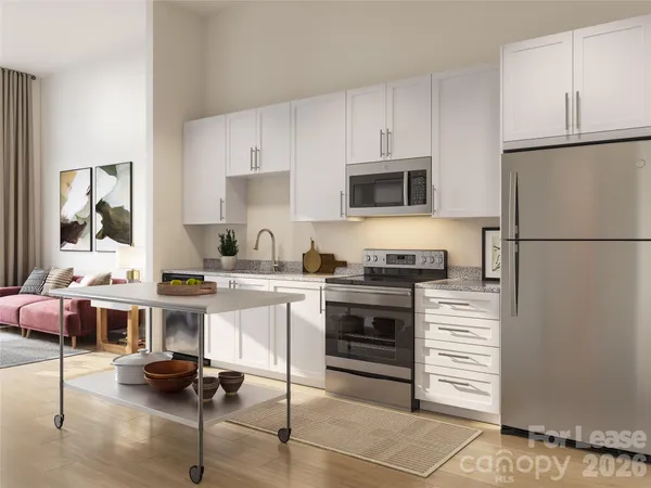 a living room with furniture a rug and white walls