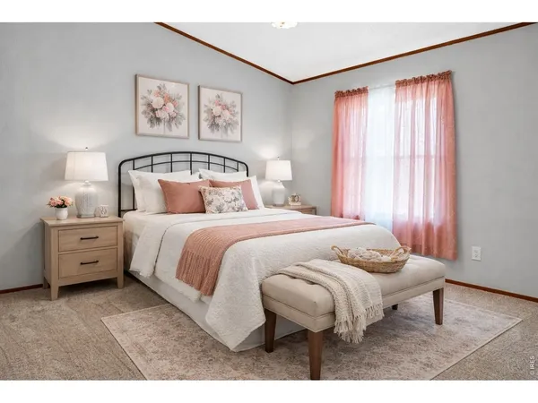 a bed room with a bed and a night stand