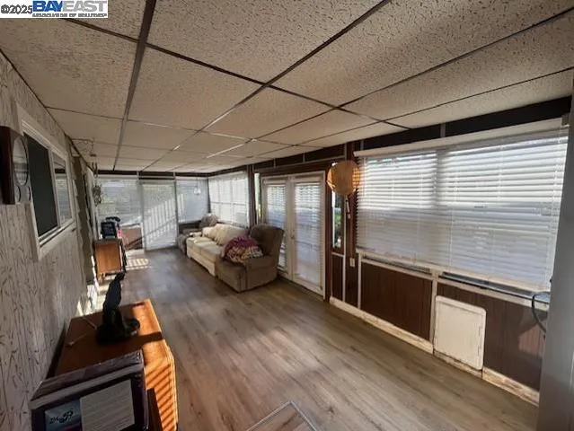 a view of a car with wooden floor