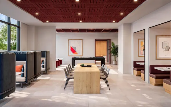 a living room with furniture a flat screen tv and a refrigerator