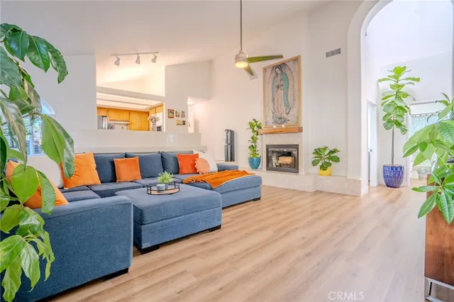 a living room with furniture and a potted plant