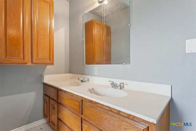 a bathroom with a sink and a mirror