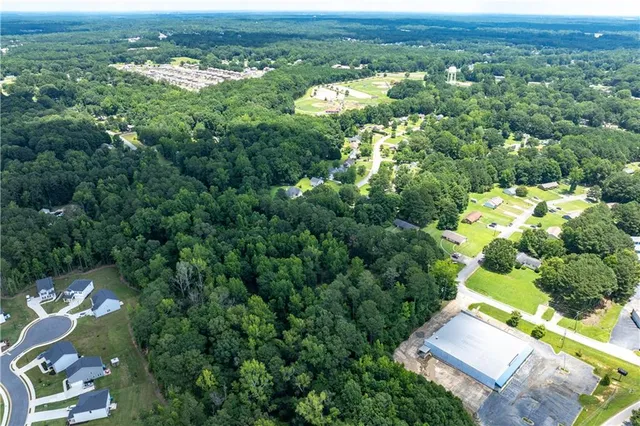 an aerial view of a residential houses with outdoor space and trees