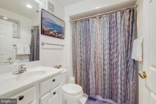 a bathroom with a sink a toilet and shower curtain