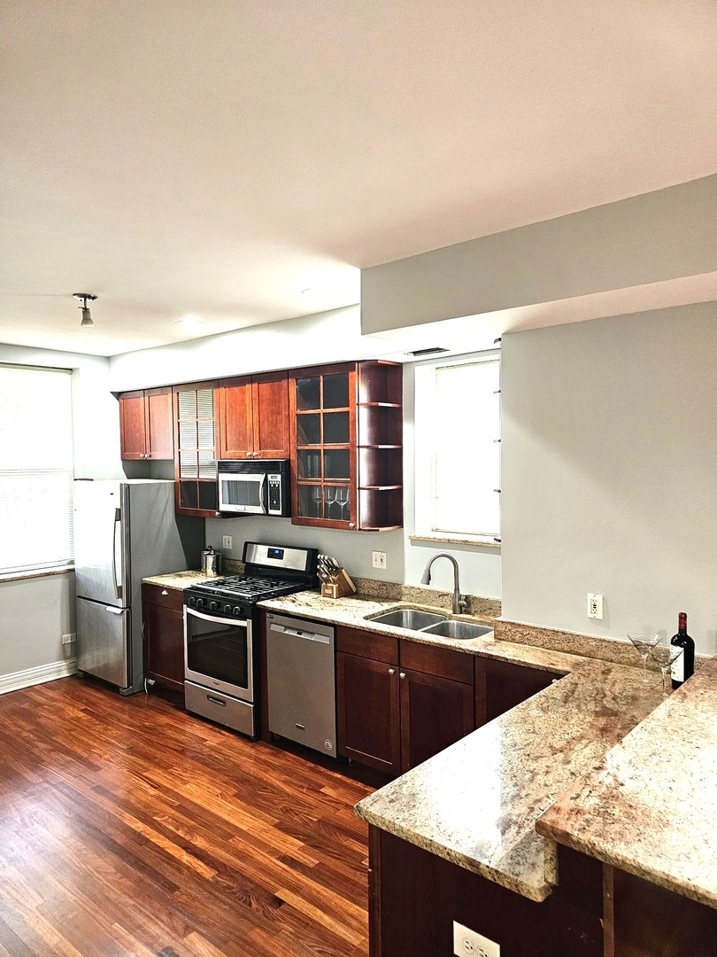 1520 East Marquette Road, Unit 2B Chicago, IL 60637 - Photo 8 of 44 a kitchen with stainless steel appliances granite countertop a sink and a stove