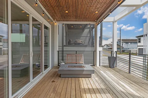 a porch with seating space