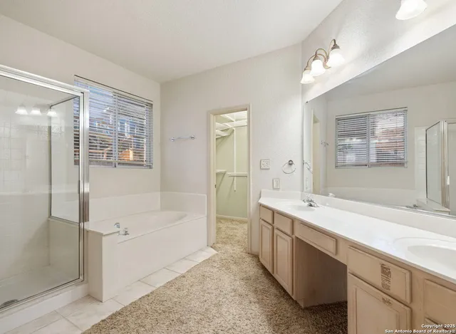 a bathroom with a tub sink shower and mirror
