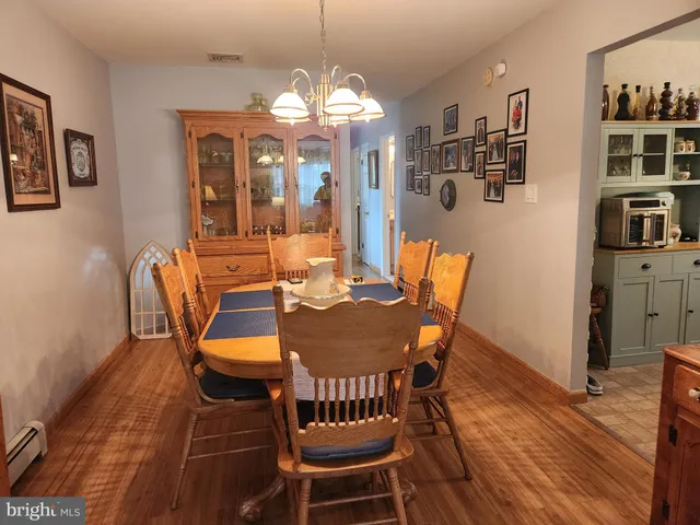 a view of a dining room with furniture and wooden floor