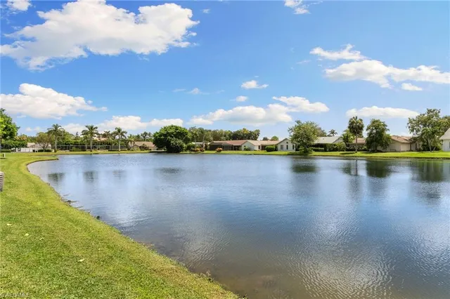 a view of a lake with houses in the background