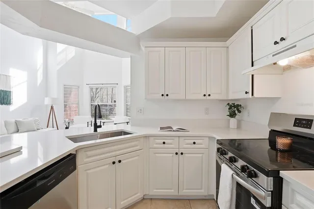 a white kitchen with a sink and a potted plant