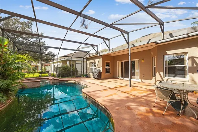 a view of a swimming pool with a garden