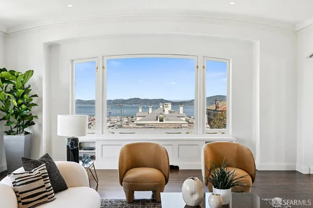 a living room with furniture a rug a large window and potted plant