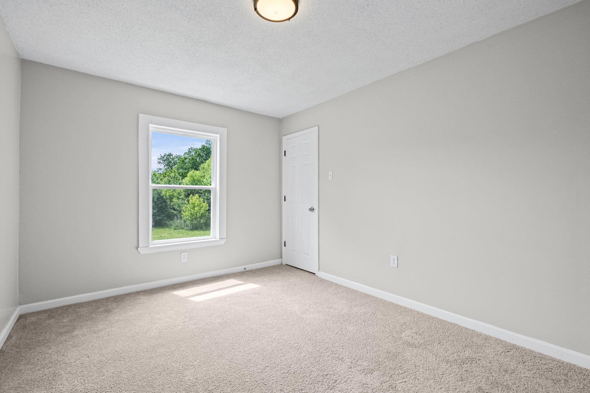 5843 Stewart Road Lakeland, TN 38002 - Photo 21 of 26 Light-filled room featuring neutral-toned carpet, light gray wall paint, white trim, a single window with exterior greenery, and a flush-mount ceiling light fixture