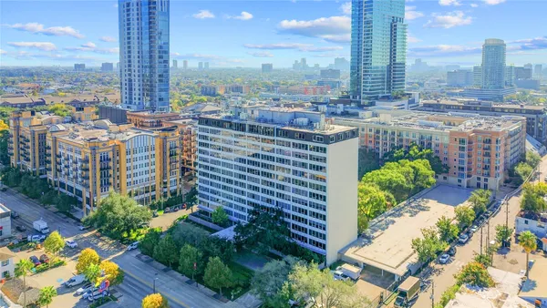 a city view with tall buildings