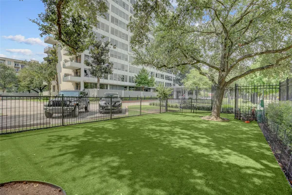 a garden view with a seating space