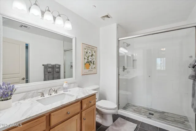 a bathroom with a granite countertop sink a toilet and shower