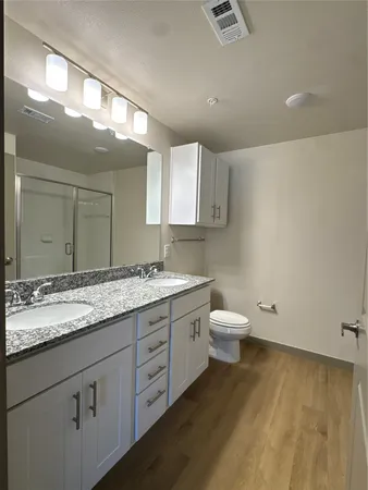 a bathroom with a granite countertop sink a toilet and a mirror