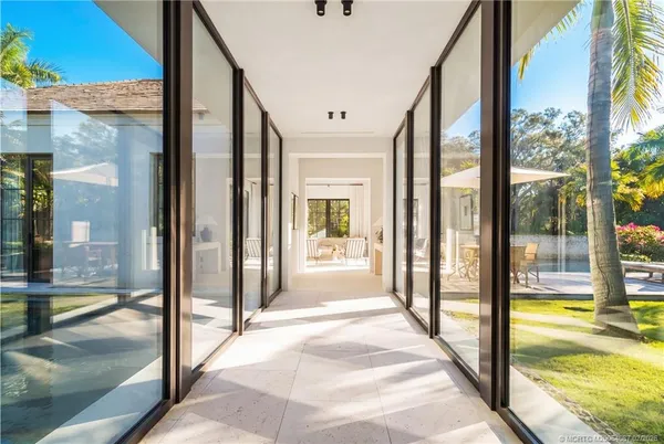 a view of a park with plants and large trees