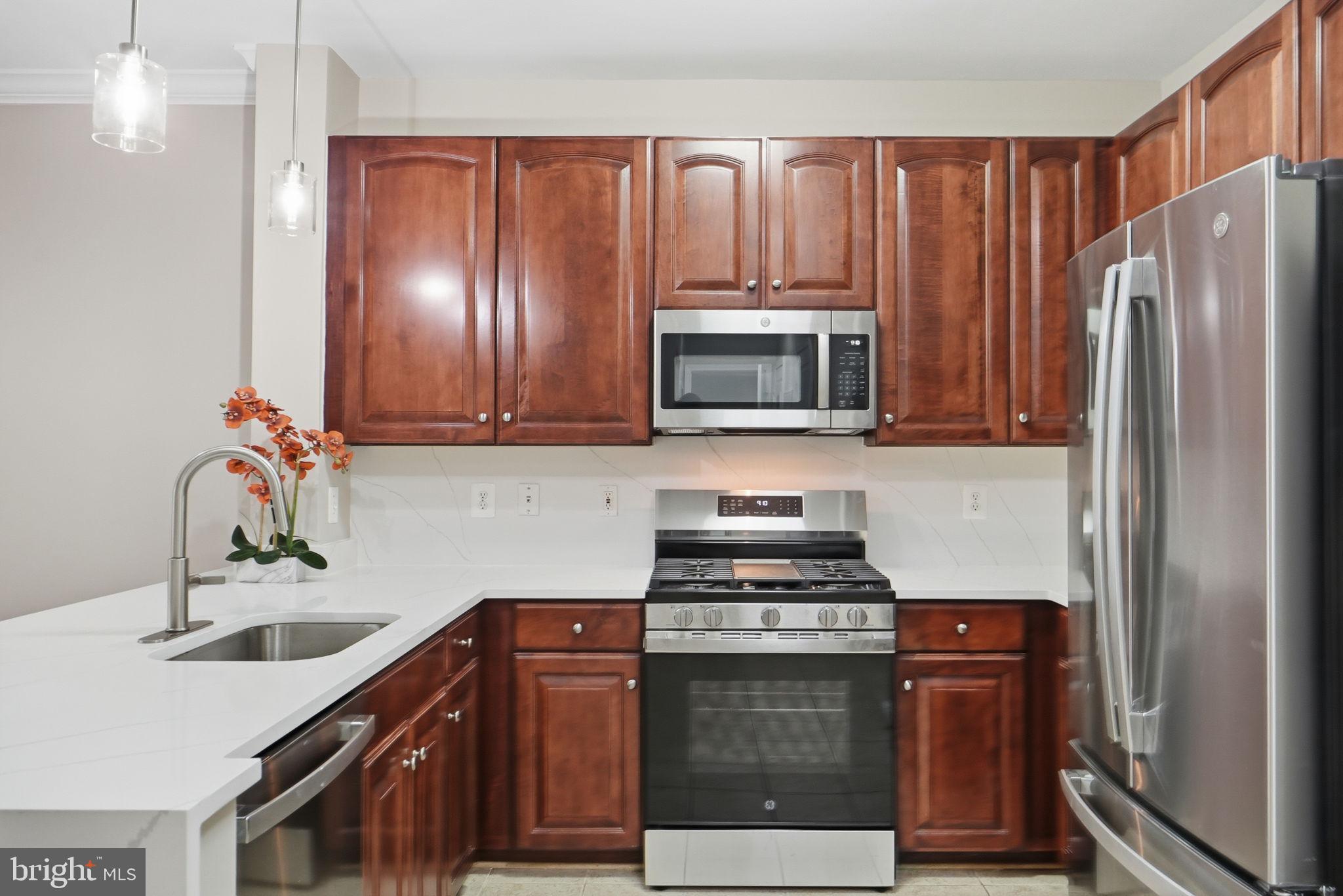 Modern kitchen with rich wood accents.
