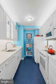 a kitchen with a sink and a refrigerator
