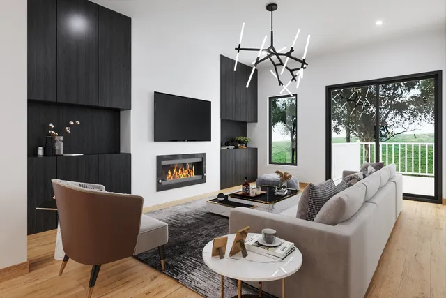 a living room with furniture a fireplace and a flat screen tv