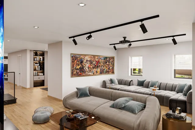 a living room with furniture a ceiling fan and a window