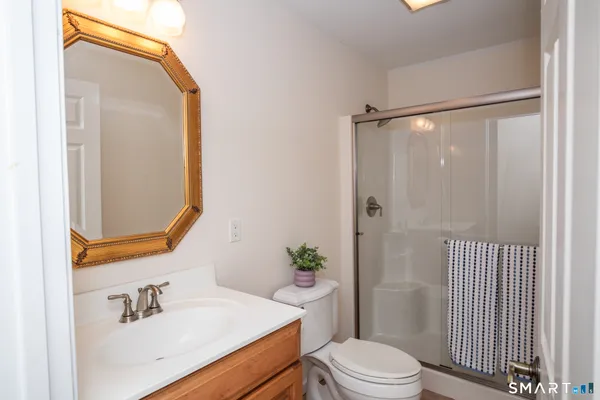 a bathroom with a sink vanity mirror and toilet