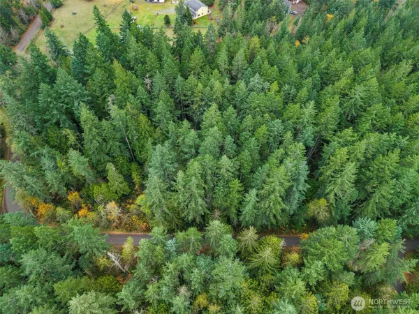 an aerial view of residential house with outdoor space and trees all around