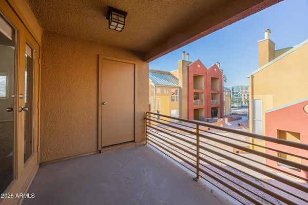 a view of a building from a balcony