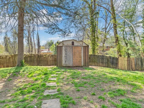 a big yard with large trees and wooden fence