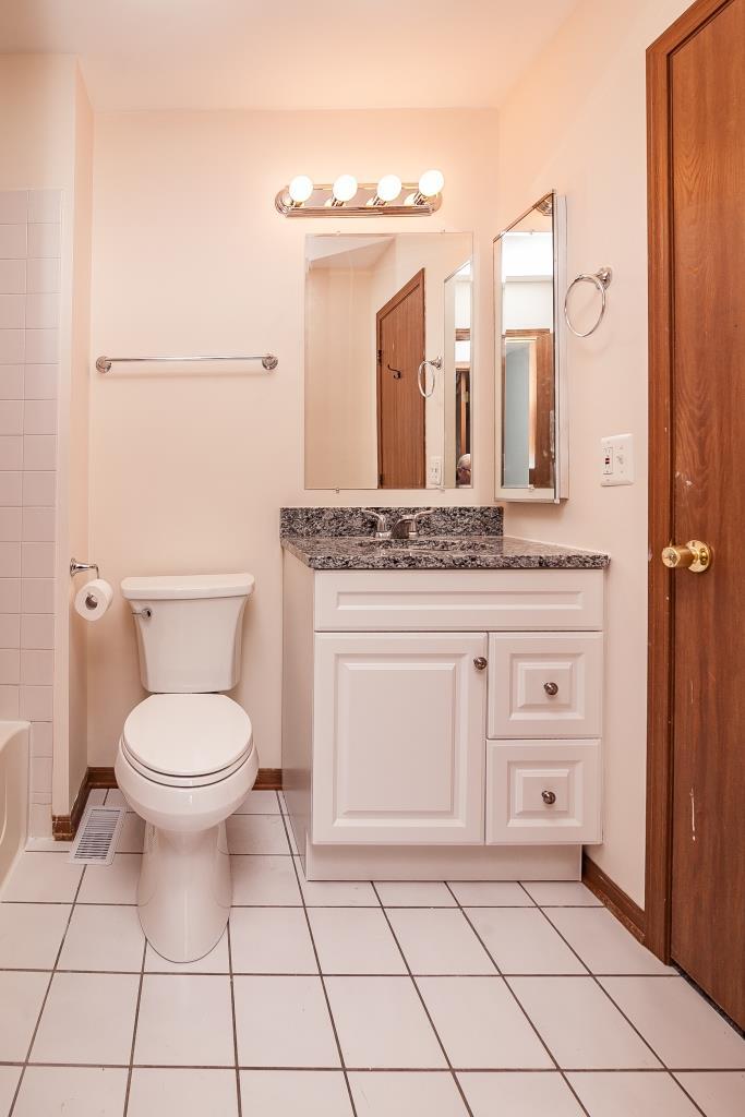 109 South Southport Road Mundelein, IL 60060 - Photo 11 of 16 a bathroom with a granite countertop toilet a sink and a mirror