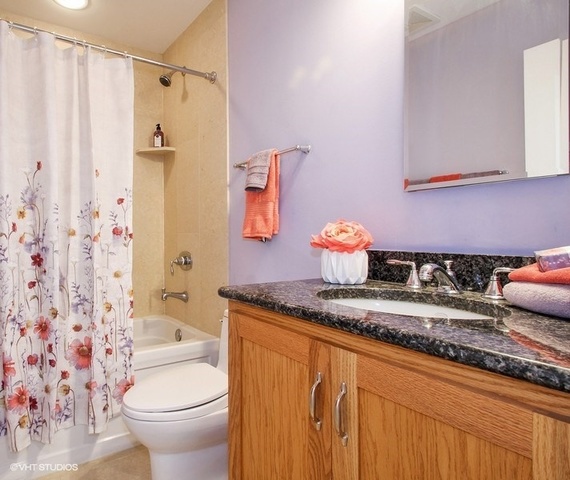 2117 Harrison Street Evanston, IL 60201 - Photo 20 of 26 a bathroom with a granite countertop sink a toilet and shower curtain