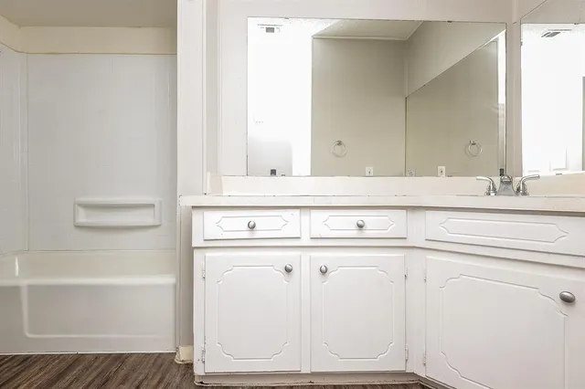 a bathroom with a sink and a mirror