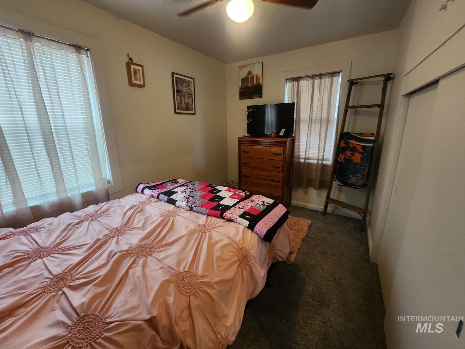 514 North 11th Street Nyssa, OR 97913 - Photo 12 of 33 Bedroom with dark colored carpet, a ceiling fan, and a closet